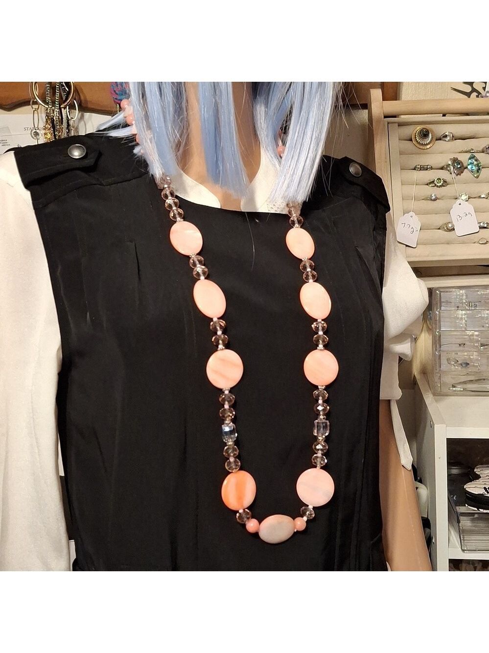 Peach Shell and Crystal Long Necklace 40"